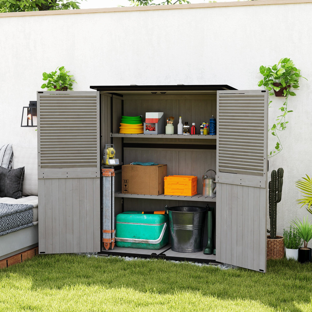Wood Outdoor Storage Cabinet with Lock and Shelves, Gray
