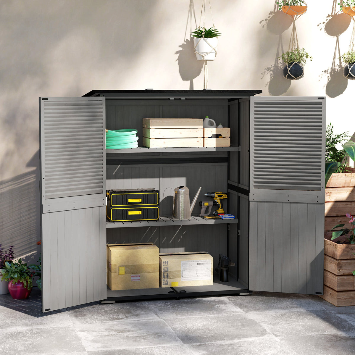 Wood Outdoor Storage Cabinet with Lock and Shelves, Gray