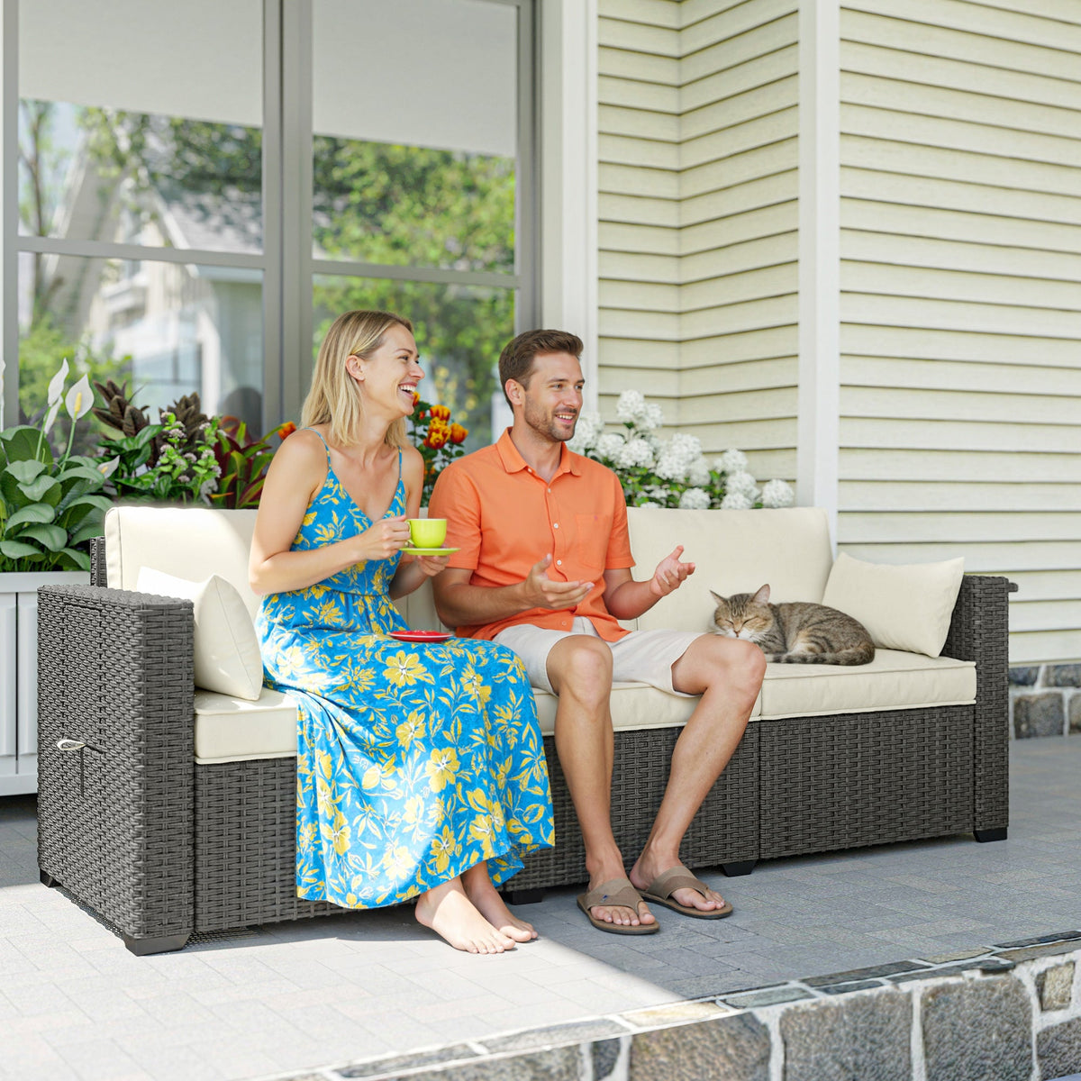 3-Seater Wicker Outdoor Sofa with Side Trays & Thick Cushions, Cream White