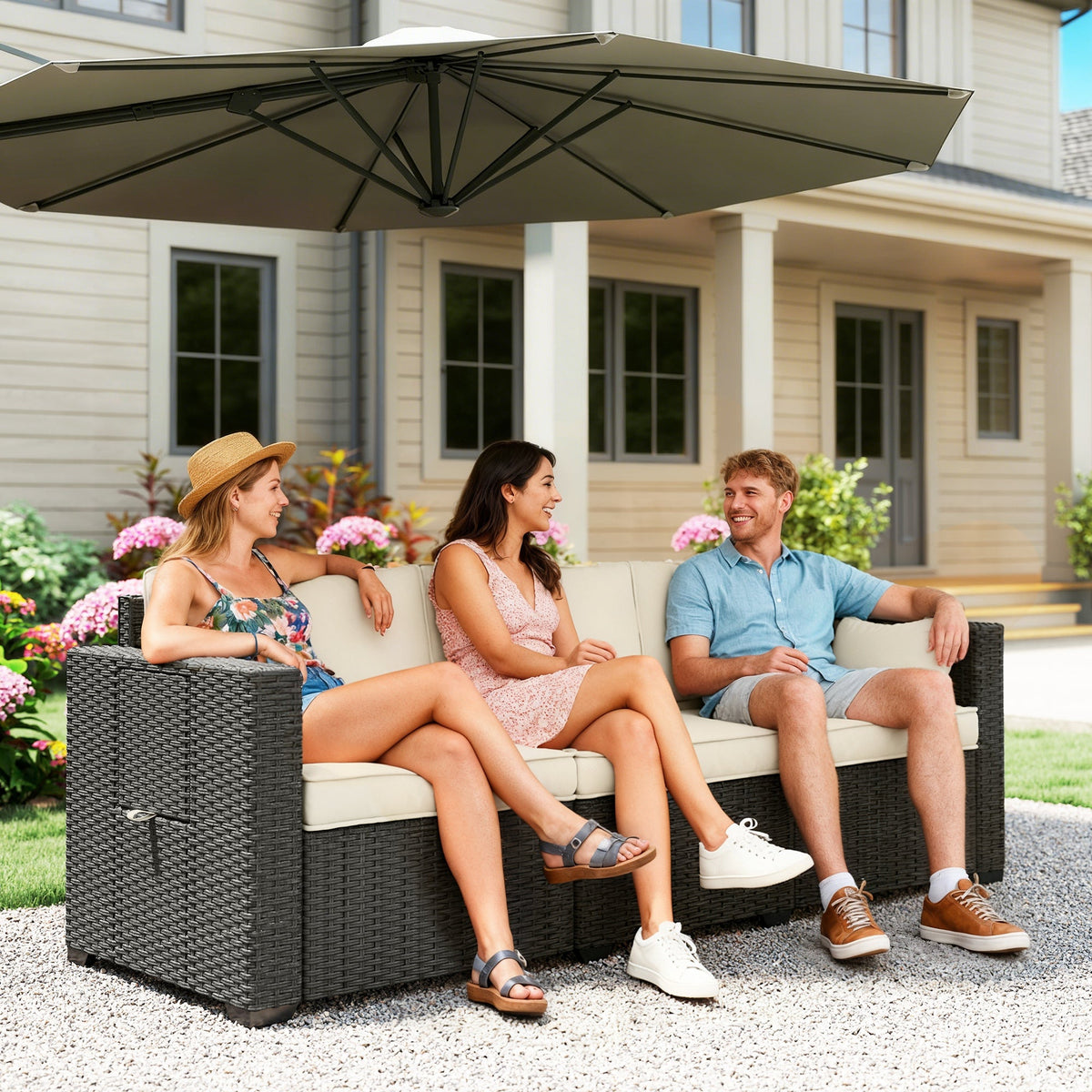 3-Seater Wicker Outdoor Sofa with Side Trays & Thick Cushions, Cream White