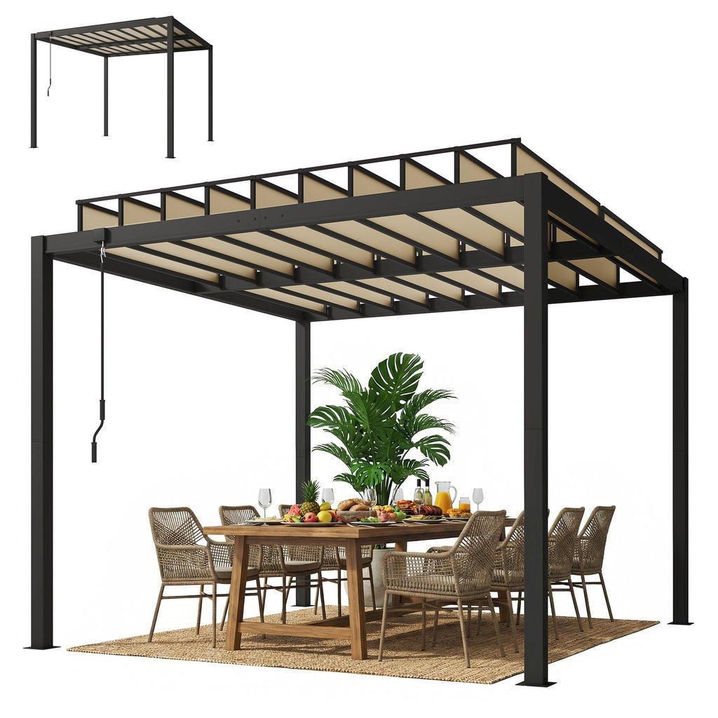 3 x 3 m Louvered Pergola with Adjustable Roof and Gutters, Coffee