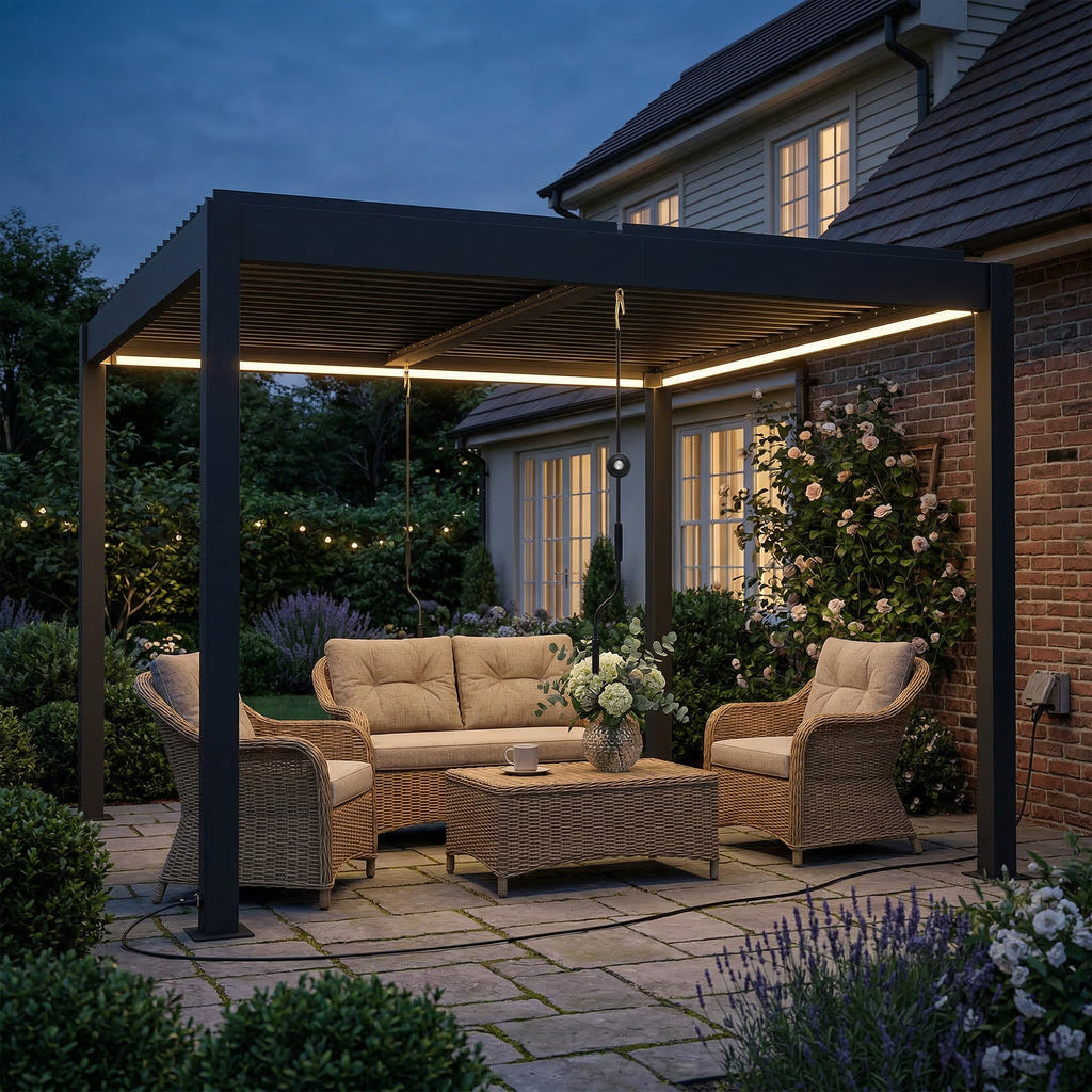 Louvered Pergola 3 x 3 m Dark Grey with Adjustable Roof, LED Lights & Remote