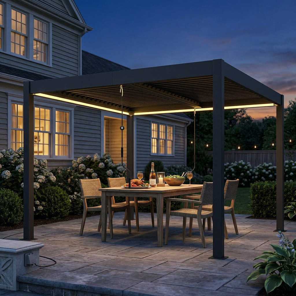 Louvered Pergola 3 x 3 m Dark Grey with Adjustable Roof, LED Lights & Remote