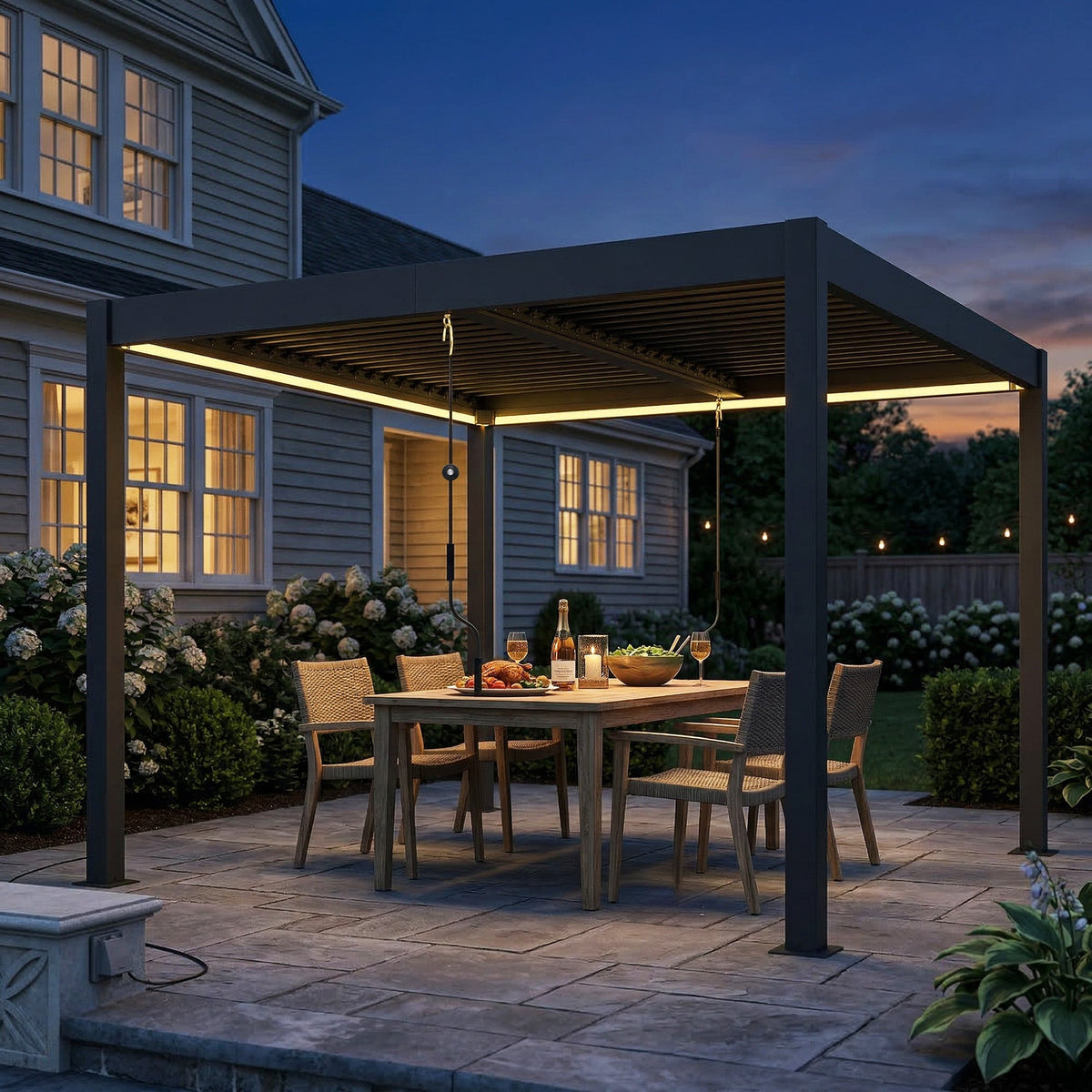 Louvered Pergola 3 x 3 m Dark Grey with Adjustable Roof, LED Lights & Remote
