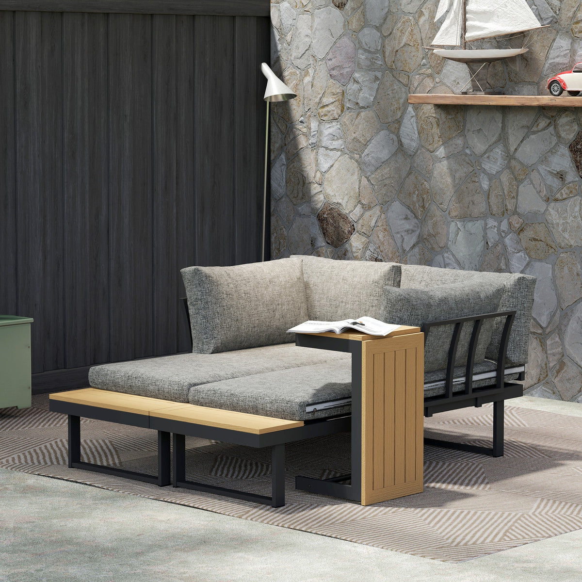 3pc Sectional Patio Set with 2 Loveseats and WPC Table, Light Grey