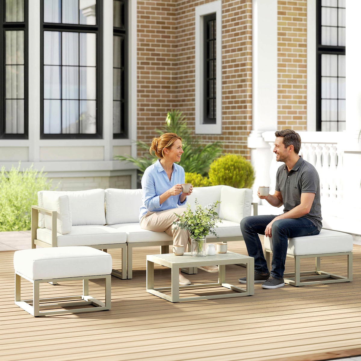 6 Piece Garden Daybed Set with Coffee Table and Footstool, Cream White