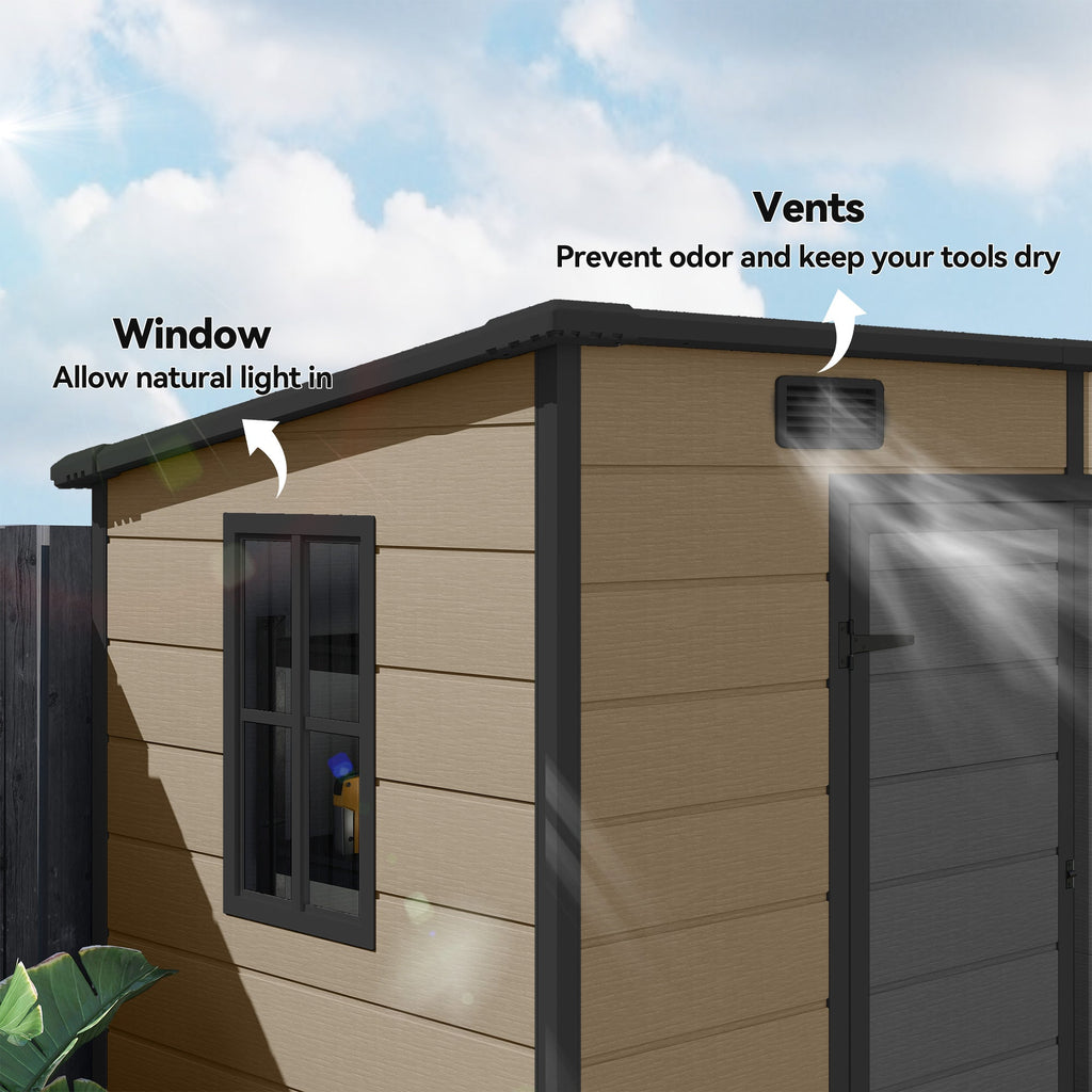 EverBase 8' x 4' Outdoor Storage Shed with Window, Lockable Doors and Vents, Light Brown