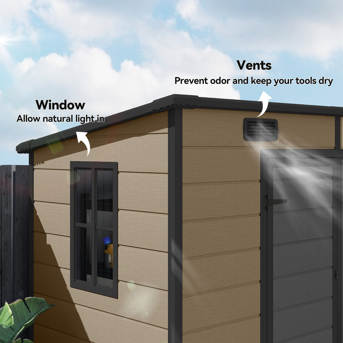 EverBase 8' x 4' Outdoor Storage Shed with Window, Lockable Doors and Vents, Light Brown