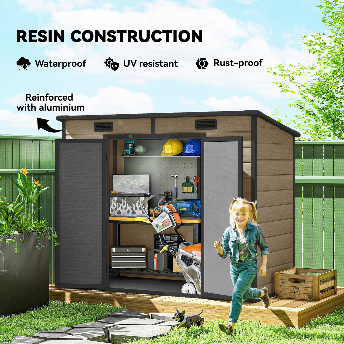 EverBase 8' x 4' Outdoor Storage Shed with Window, Lockable Doors and Vents, Light Brown
