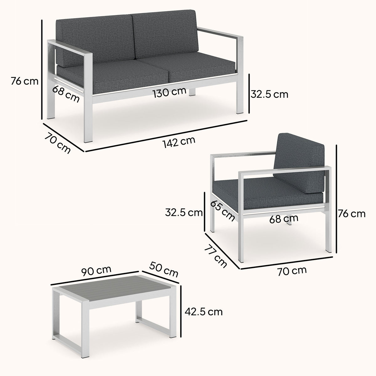 4-Seater Aluminium Sofa Set with Faux Wood Table and Olefin Cushions, Dark Grey