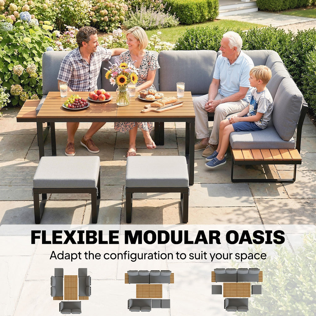 FlexNook 6-Piece Corner Sofa Set for 6-8, Aluminium Frame with Cushions, Grey