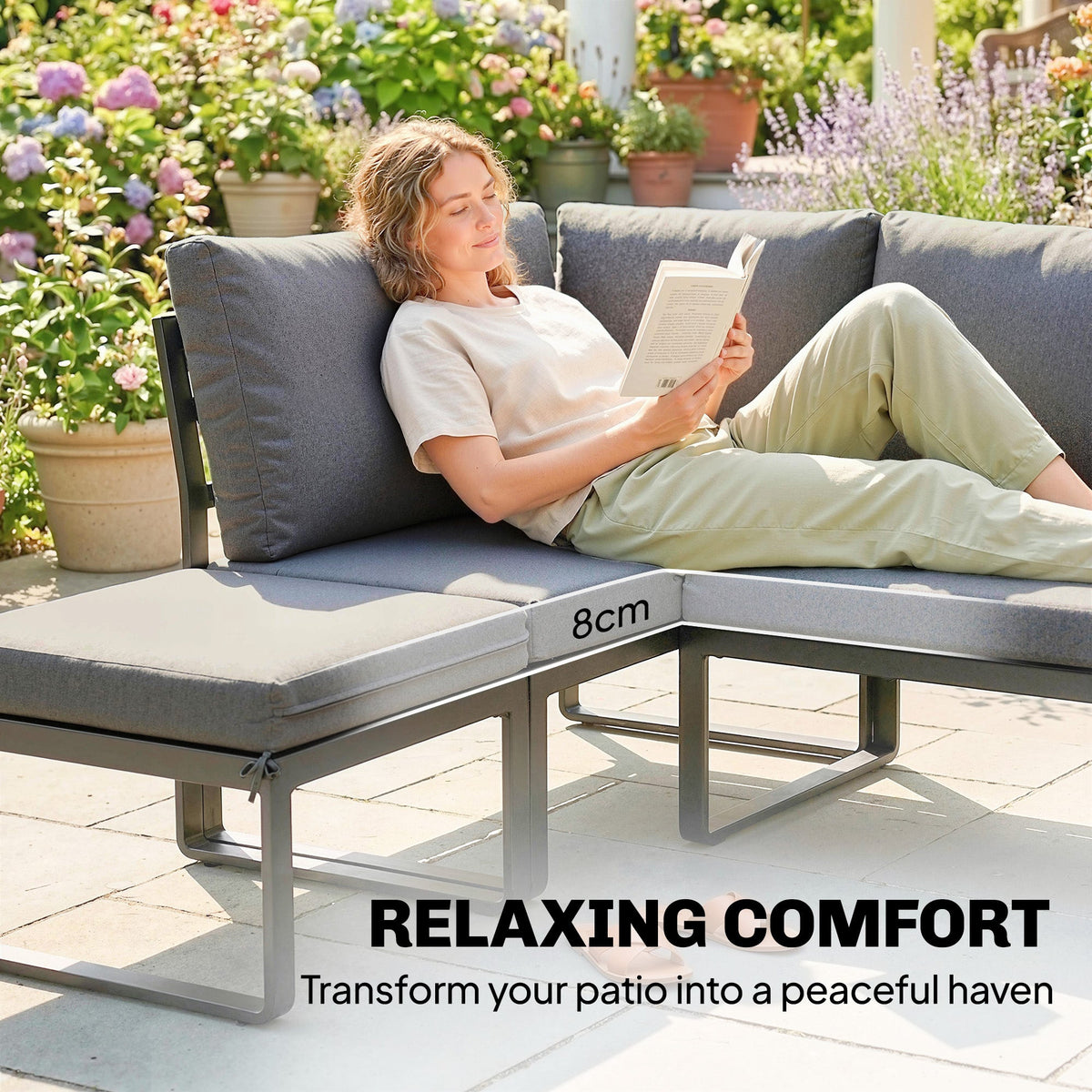 FlexNook 6-Piece Corner Sofa Set for 6-8, Aluminium Frame with Cushions, Grey