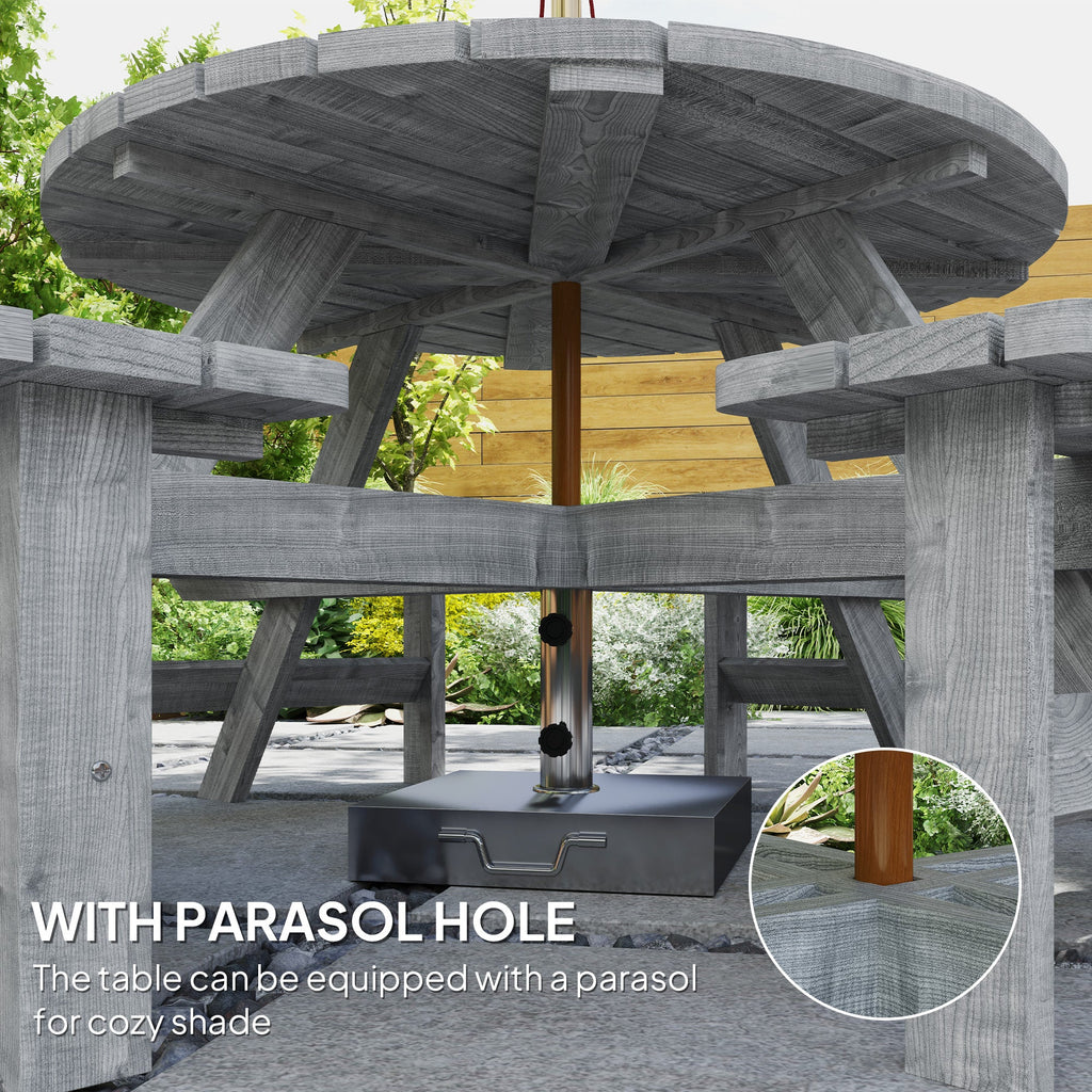 Wooden Patio Dining Set for 8 with Round Table and 4 Benches, Grey