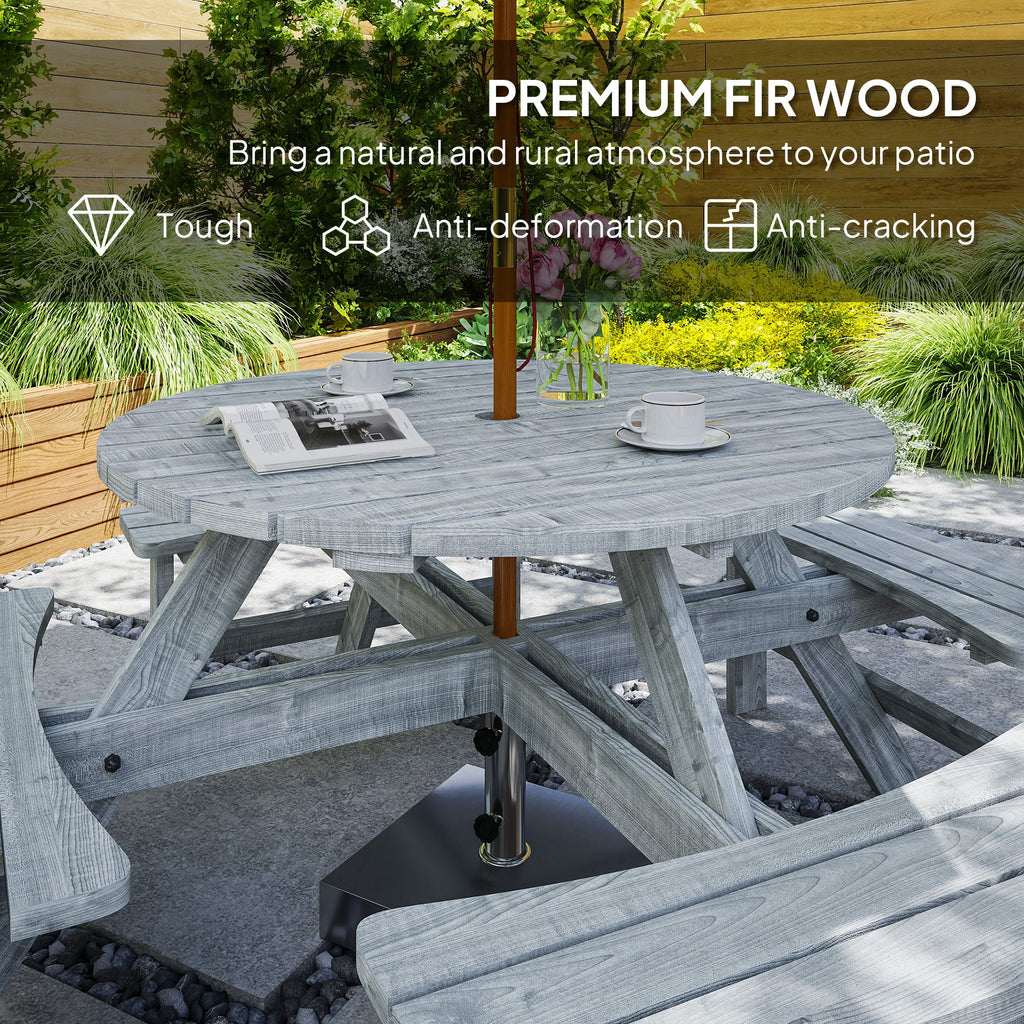 Wooden Patio Dining Set for 8 with Round Table and 4 Benches, Grey