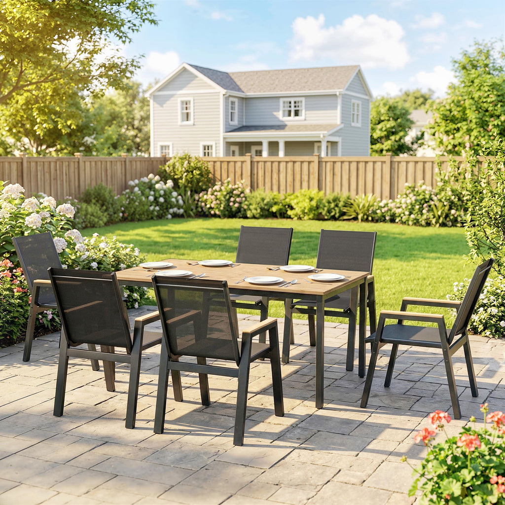 7-Piece Outdoor Dining Set with Slatted Rectangle Table and 6 Mesh Chairs, Black