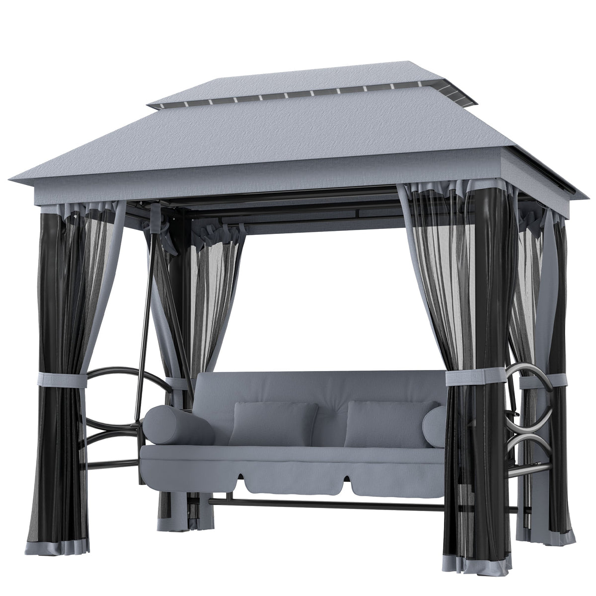 3-Seat Patio Swing Chair with Mesh Sidewalls, Gray