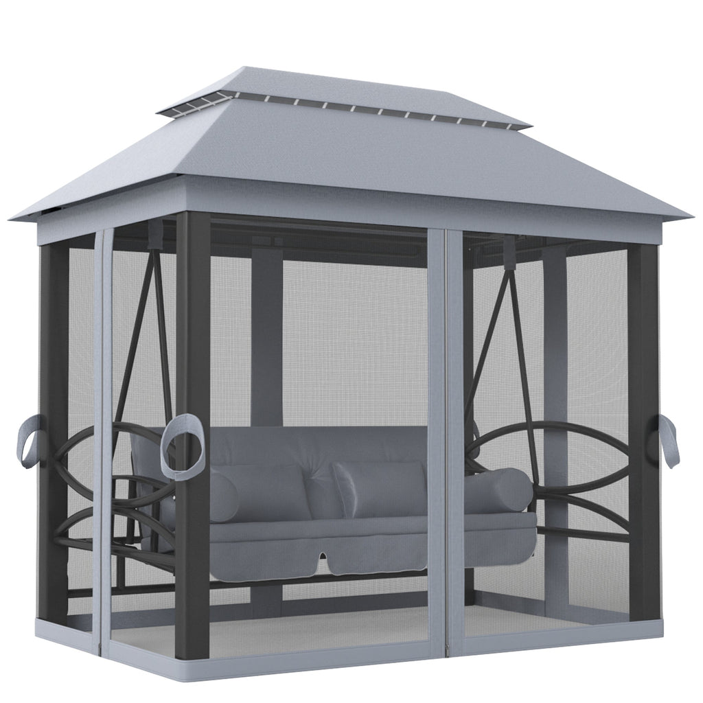 3-Seat Patio Swing Chair with Mesh Sidewalls, Gray