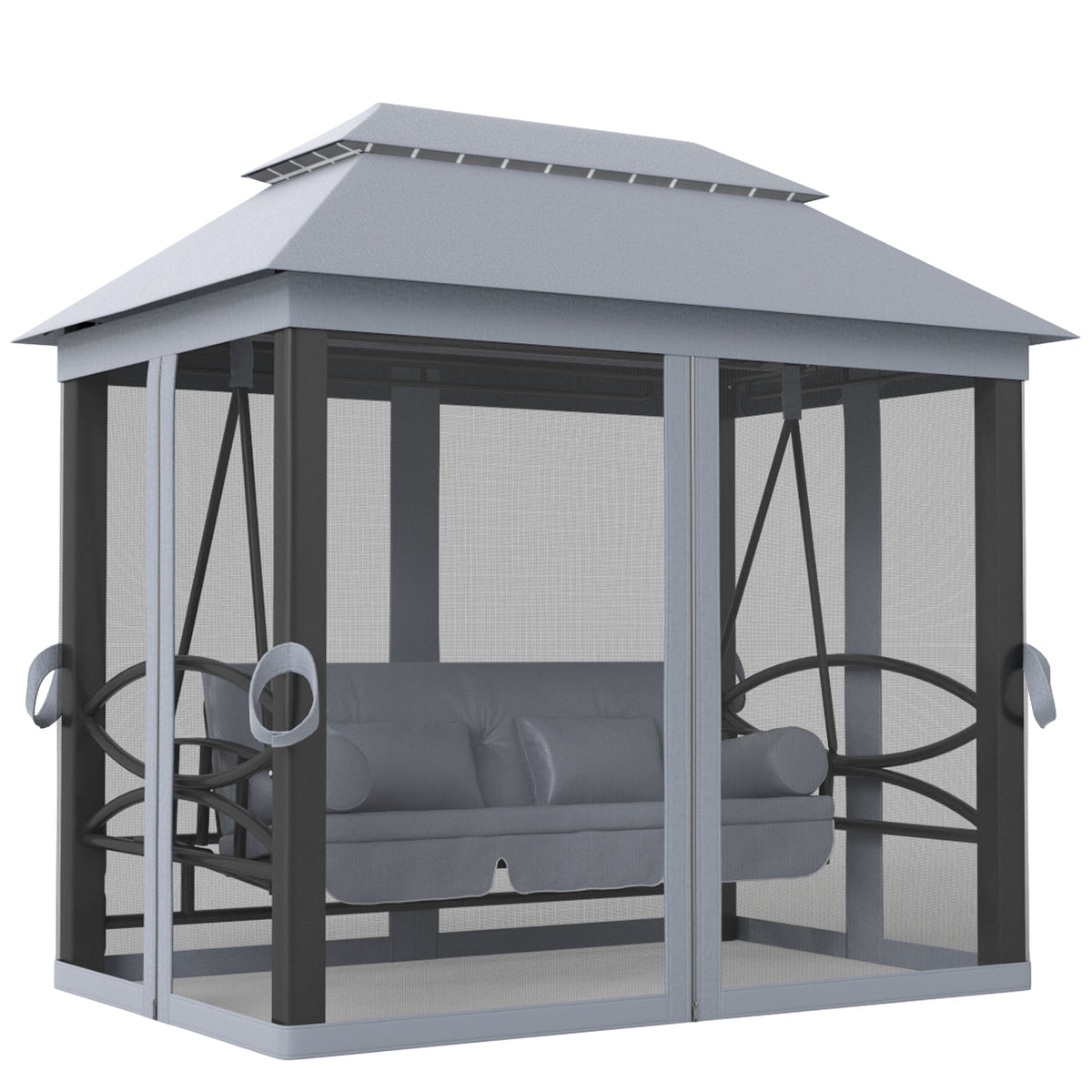 3-Seat Patio Swing Chair with Mesh Sidewalls, Gray