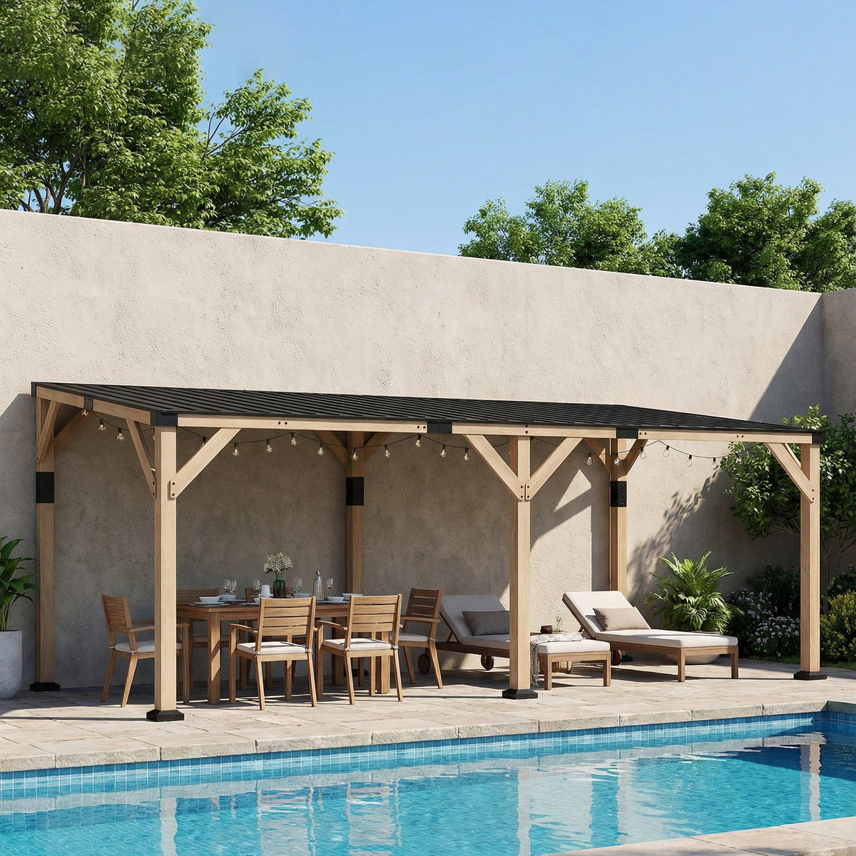 PerArbor 10' x 20' Wooden Lean-to Gazebo with Galvanized Steel Sloped Roof, Light Walnut