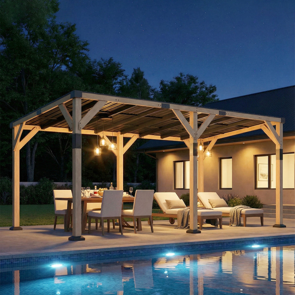 PerArbor 10' x 20' Wooden Lean-to Gazebo with Galvanized Steel Sloped Roof, Light Walnut