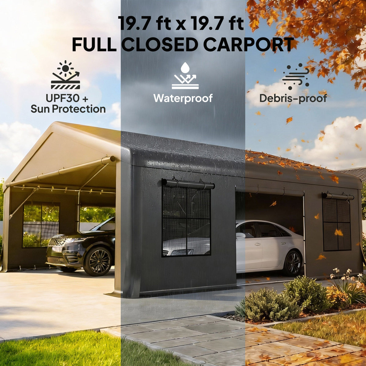 20' x 20' Heavy Duty Carport with 3 Roll-Up Doors, Dark Gray