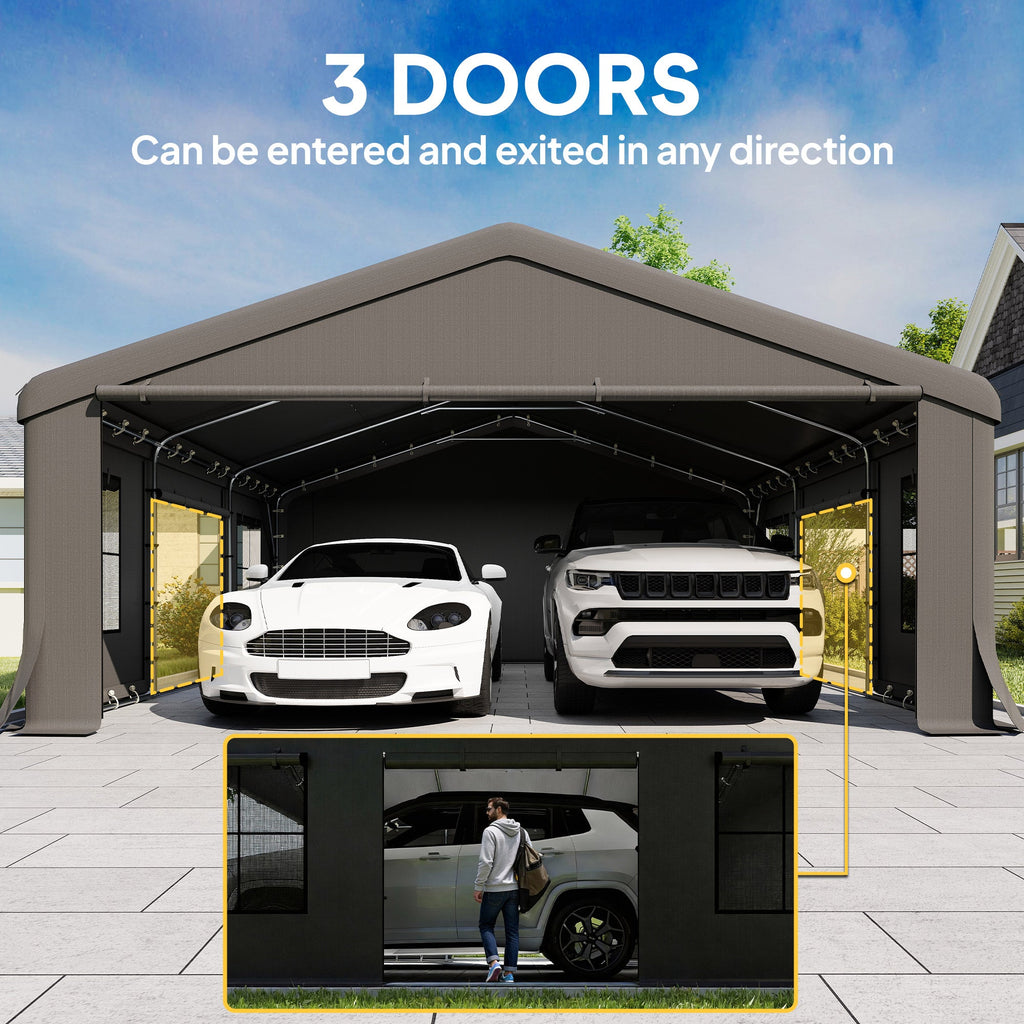 20' x 20' Heavy Duty Carport with 3 Roll-Up Doors, Dark Gray