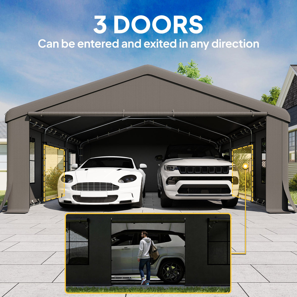 20' x 20' Heavy Duty Carport with 3 Roll-Up Doors, Dark Gray