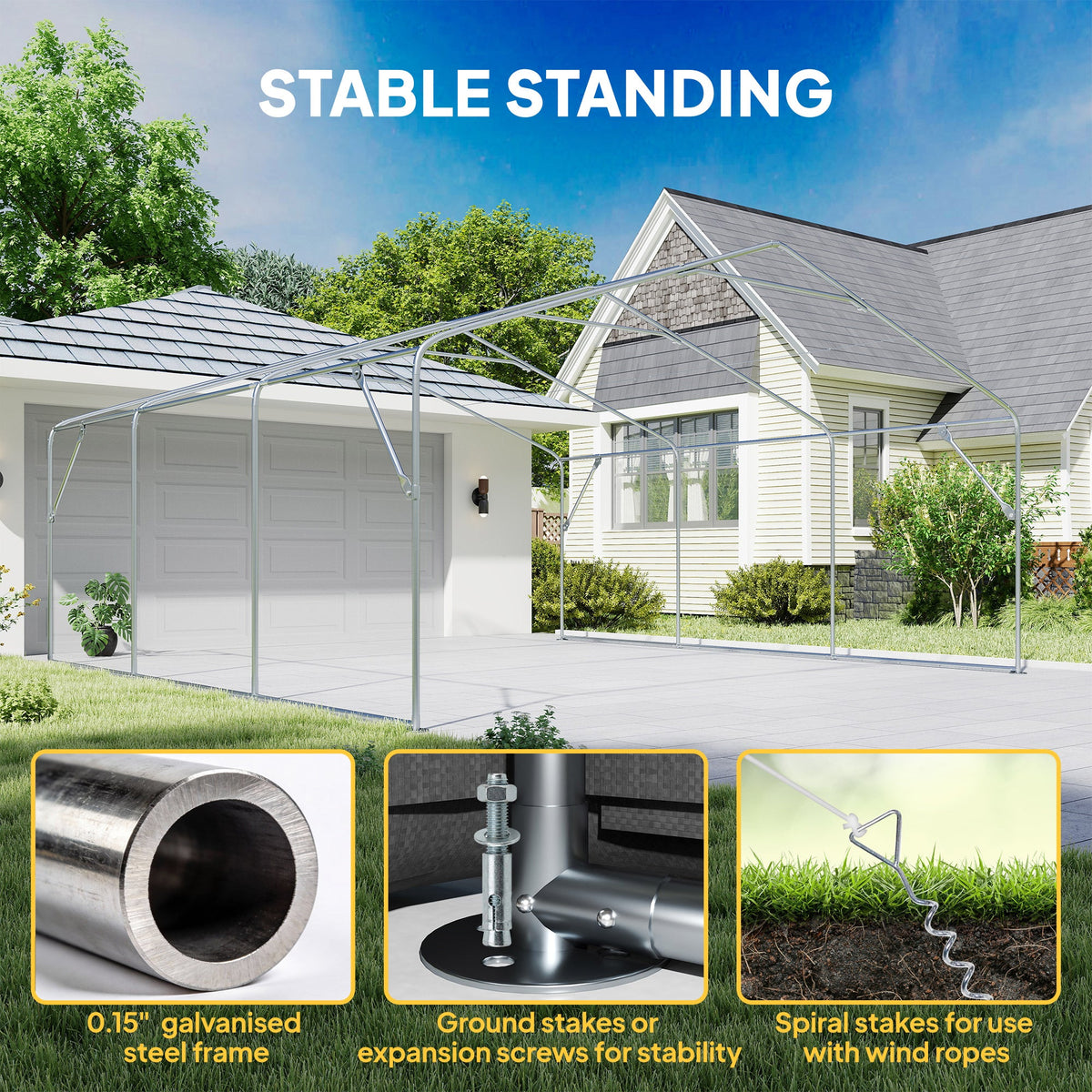 20' x 20' Heavy Duty Carport with 3 Roll-Up Doors, Dark Gray