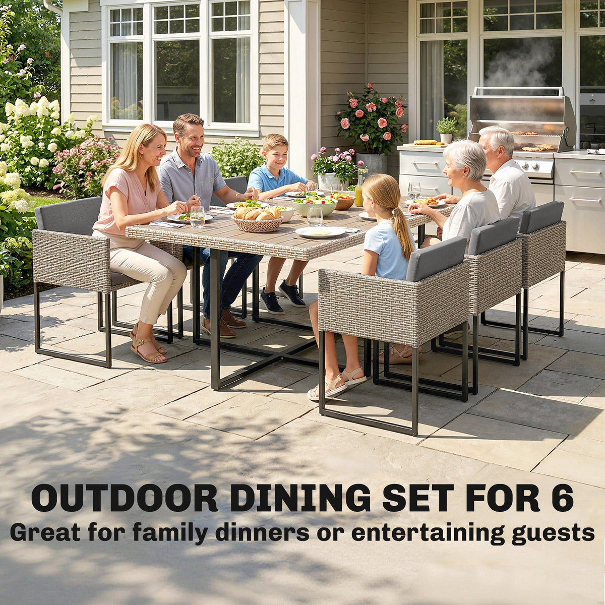 7-Piece Light Grey Rattan Dining Set with WPC Table, 6 Chairs & 12 Cushions