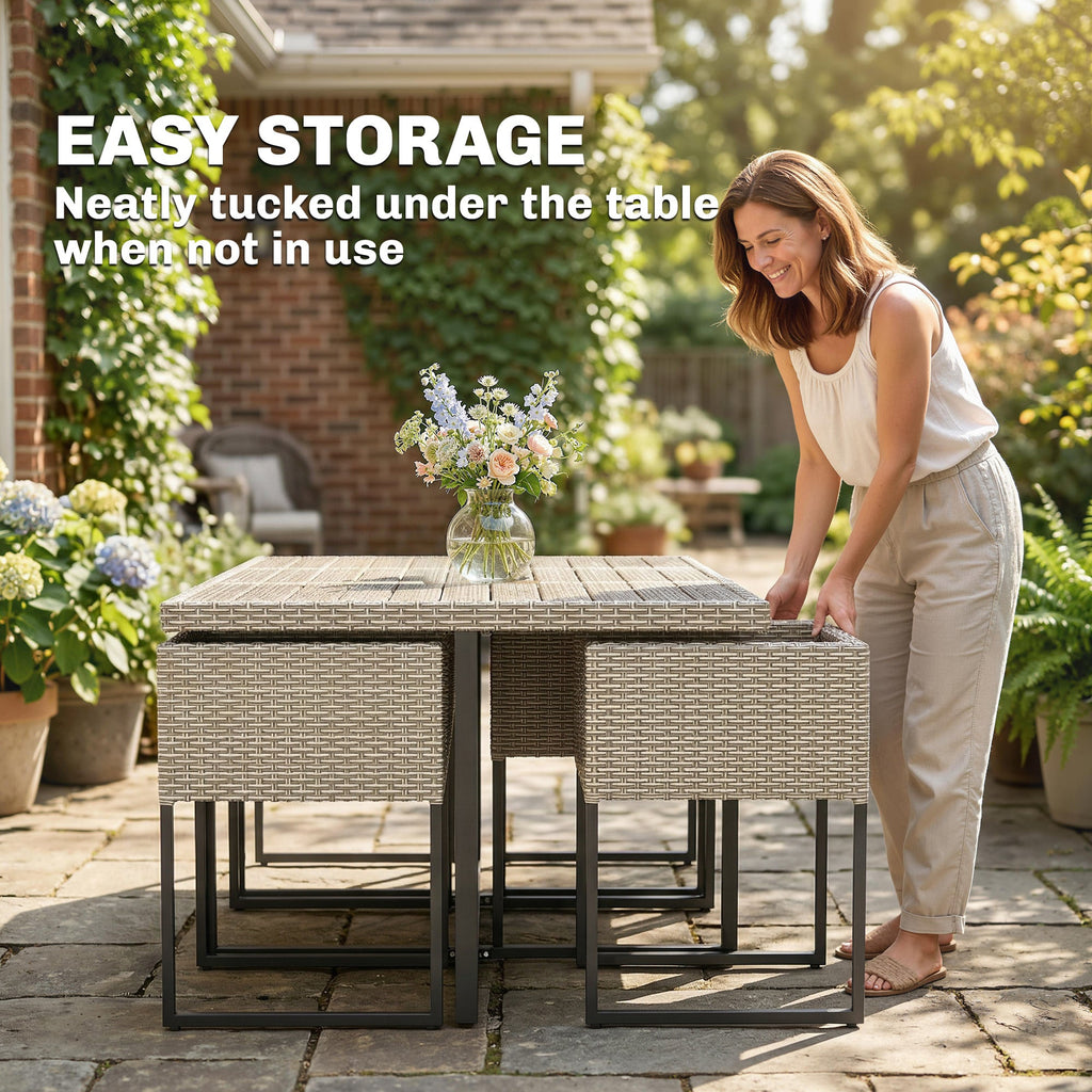 7-Piece Light Grey Rattan Dining Set with WPC Table, 6 Chairs & 12 Cushions