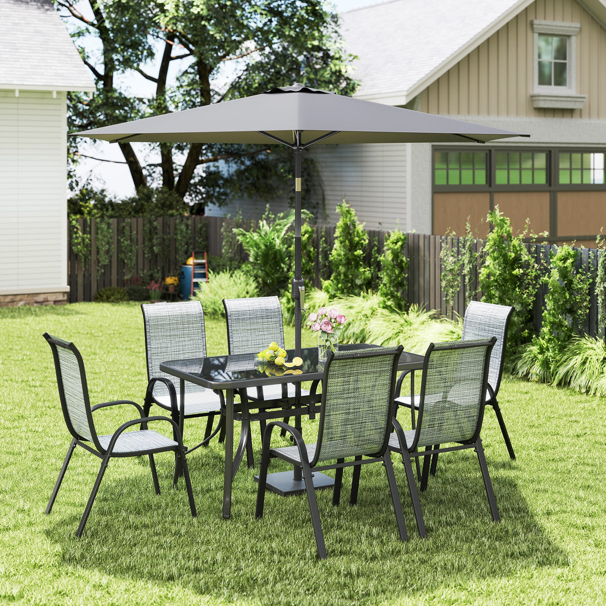 8-Piece Patio Dining Set with 9 Ft Umbrella, Mixed Gray