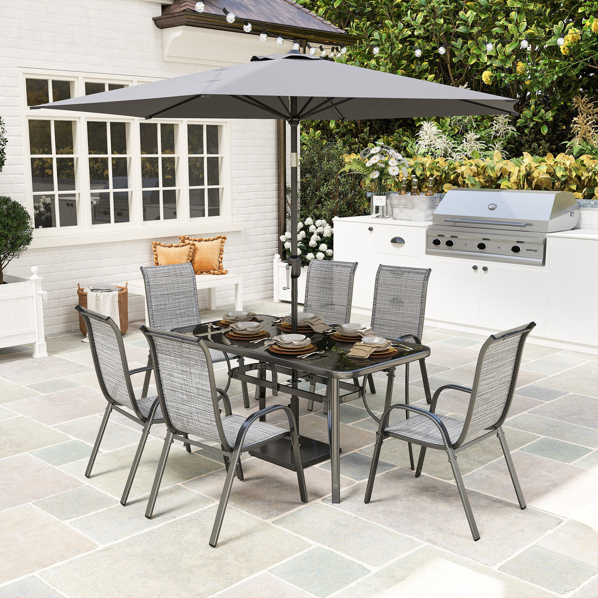8-Piece Patio Dining Set with 9 Ft Umbrella, Mixed Gray