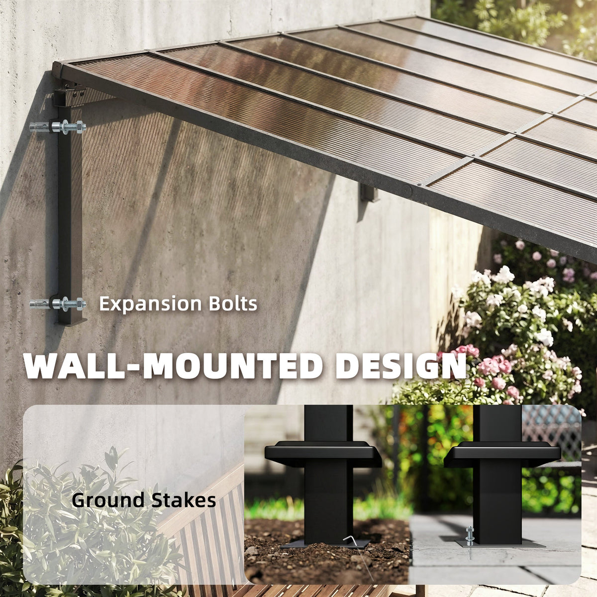 11' x 10' Wall Mounted Lean-to Pergola with Polycarbonate Roof, Brown