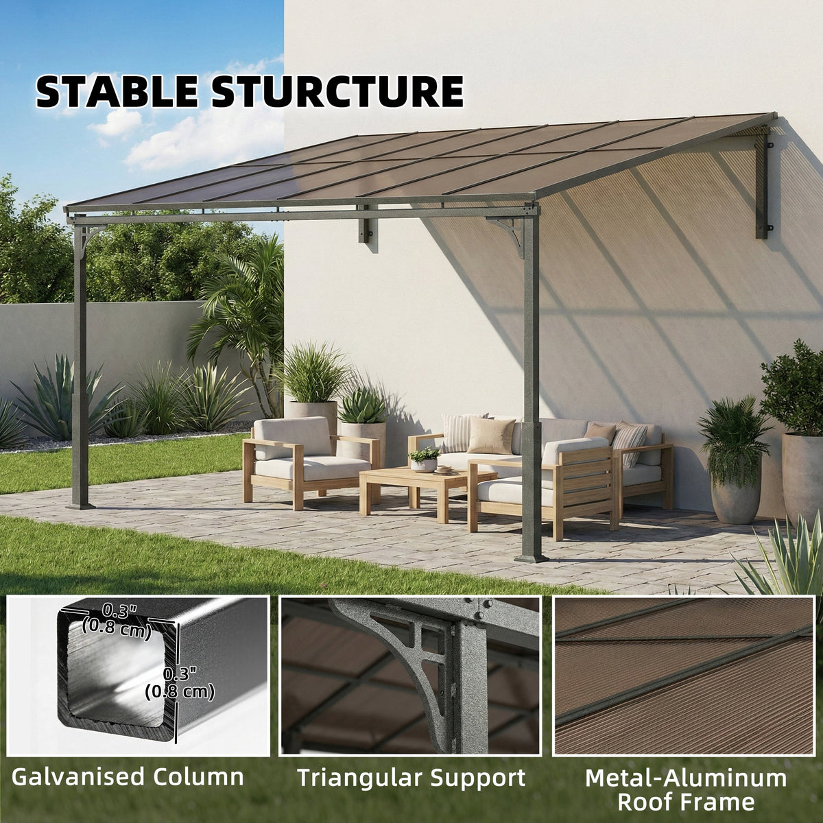 11' x 10' Wall Mounted Lean-to Pergola with Polycarbonate Roof, Brown