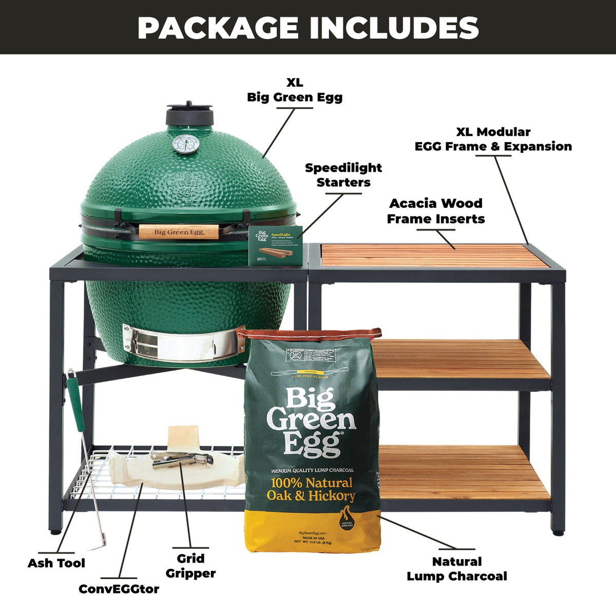 XL Big Green Egg + Modular Nest + Expansion Package - (3) Acacia Inserts