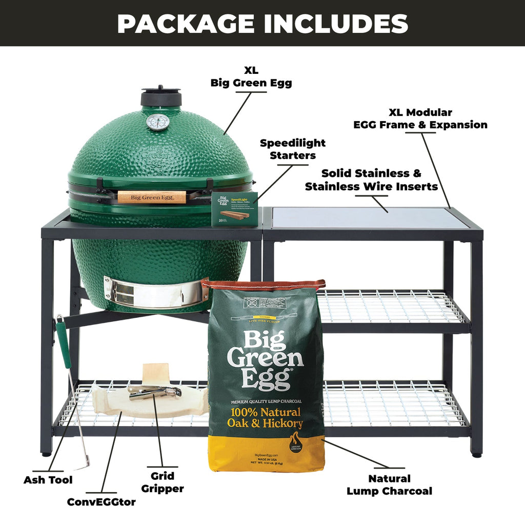 XL Big Green Egg + Modular Nest + Expansion Package - (1) Solid Stainless (2) Stainless Grid