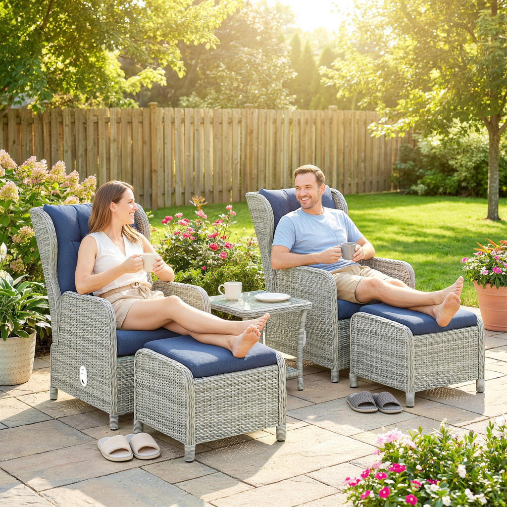 5 Piece Rattan Reclining Chair Set with Footstool and Glass Table, Dark Blue