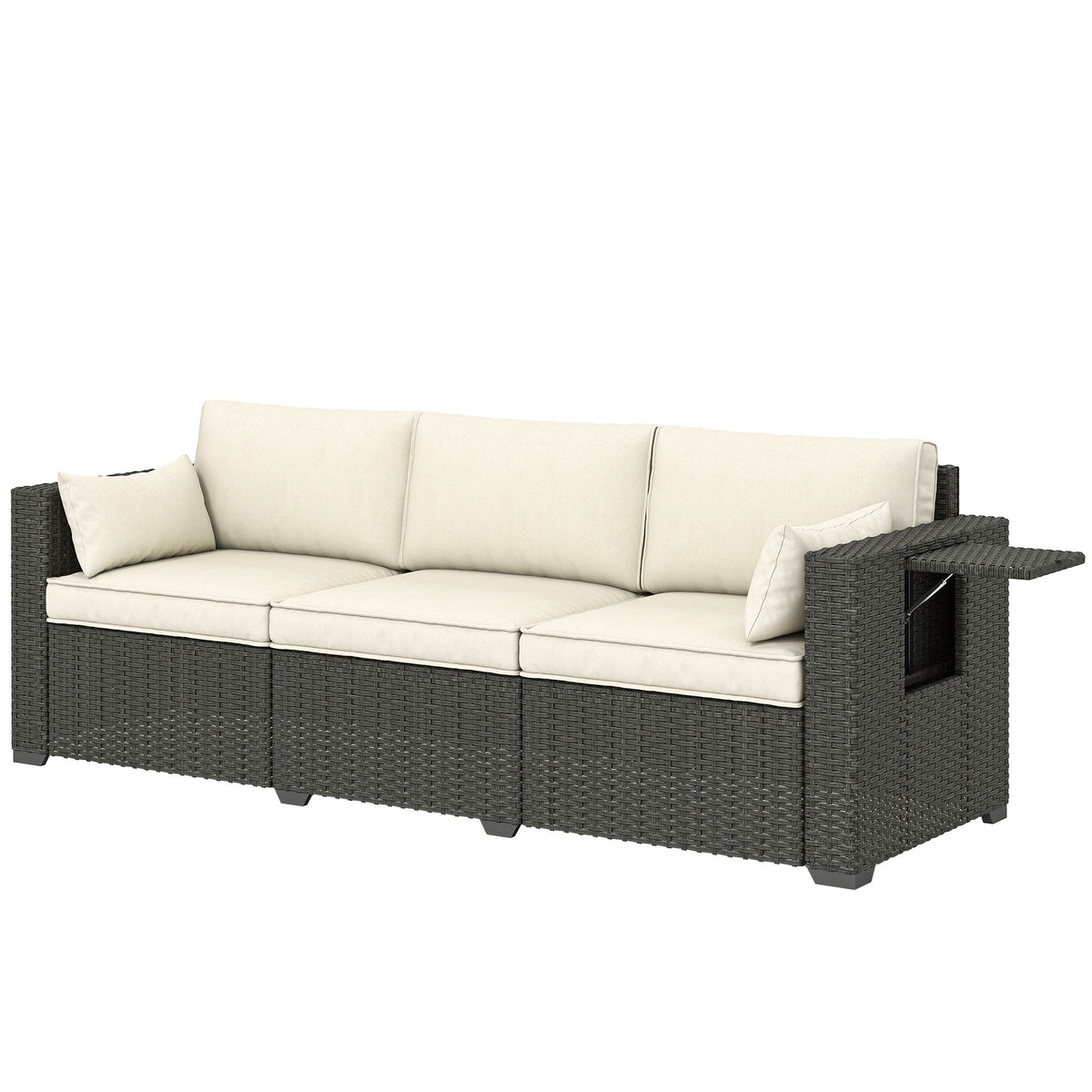 3-Seater Wicker Outdoor Sofa with Side Trays & Thick Cushions, Cream White
