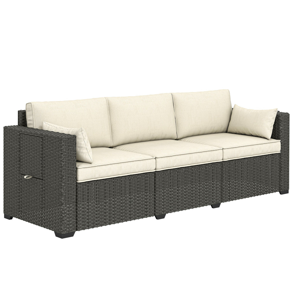 3-Seater Wicker Outdoor Sofa with Side Trays & Thick Cushions, Cream White