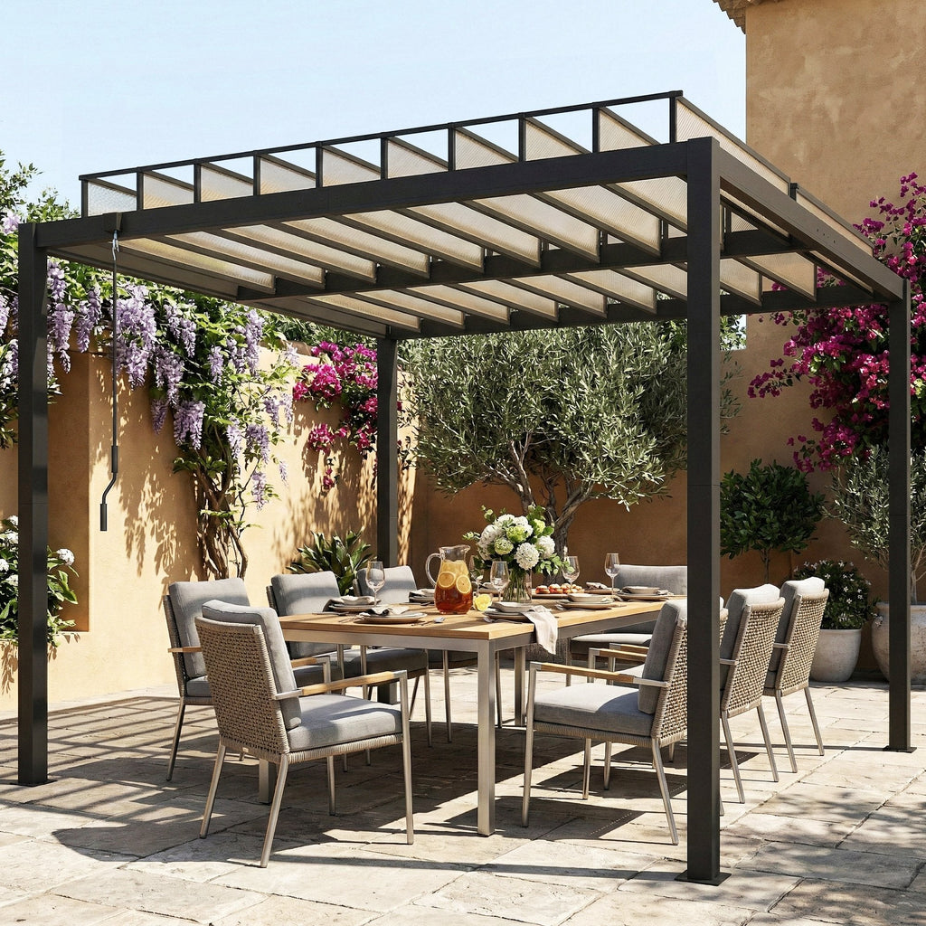 3 x 3 m Louvered Pergola with Adjustable Roof and Gutters, Coffee