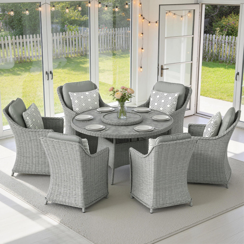 6 Seater Rattan Dining Set with Lazy Susan and Marble Effect Table, Grey