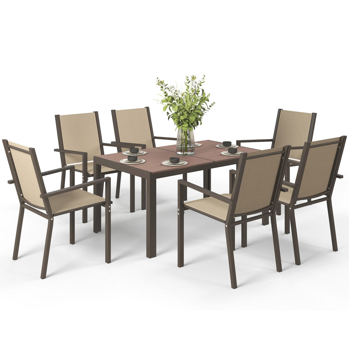 7pc Patio Dining Set with WPC Table and 6 Stackable Chairs, Khaki