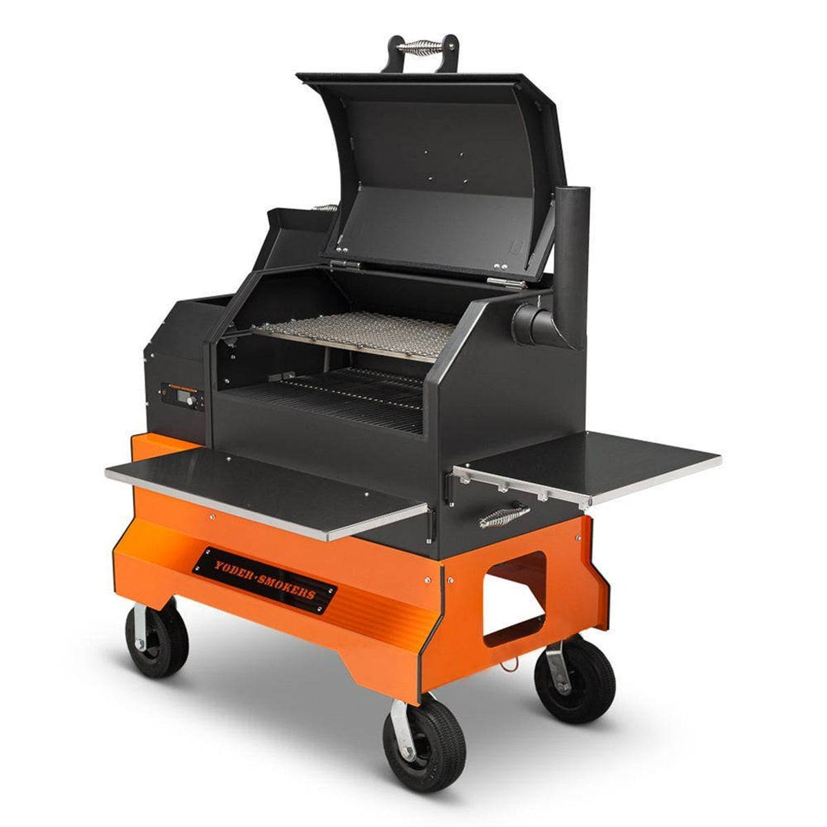 Yoder Smokers YS640s Pellet Grill on Competition Cart (Orange) + T-Stat Door Kit & Stainless Side Shelves