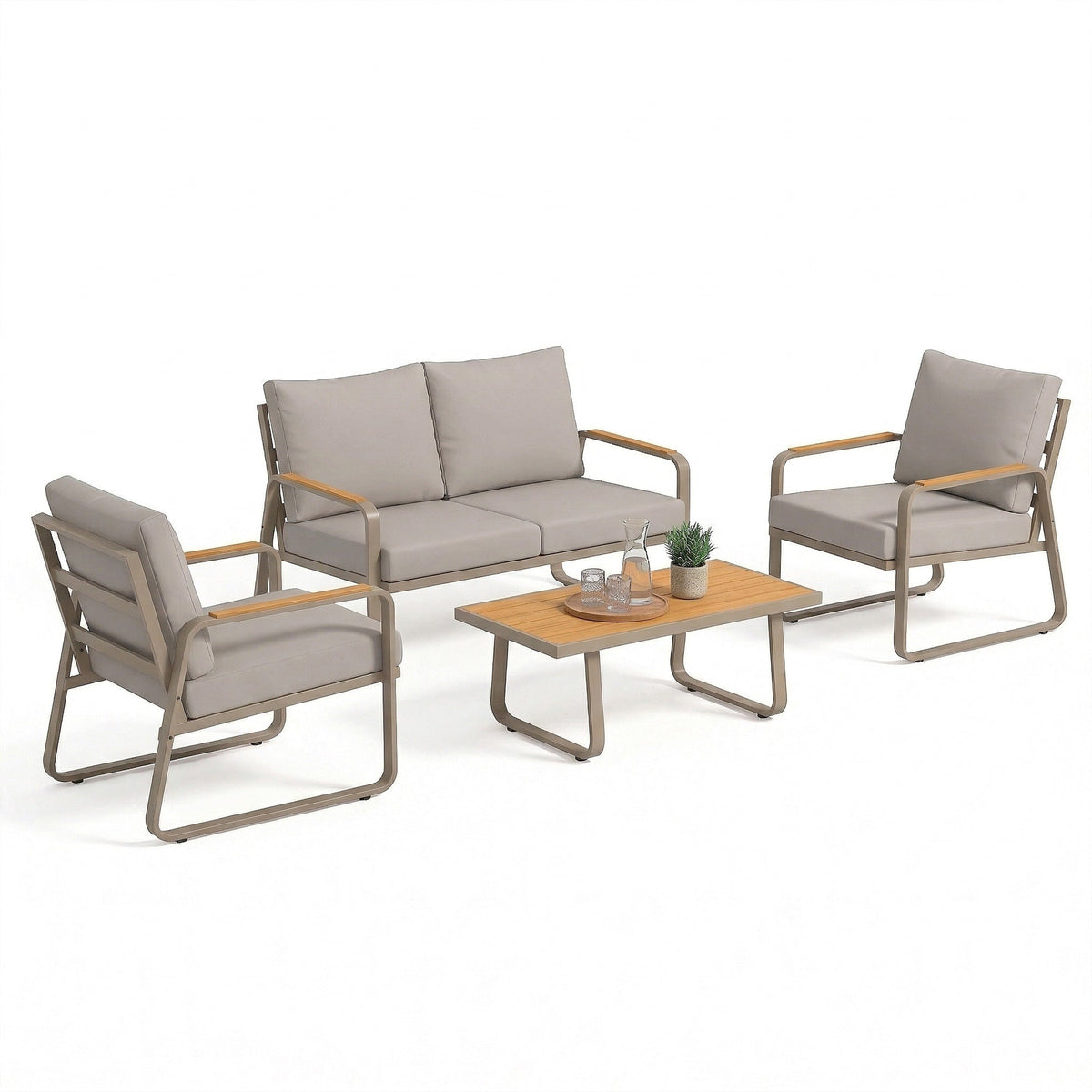 4-Piece Patio Set with Metal Frame and Cushions, Loveseat & 2 Chairs, Brown
