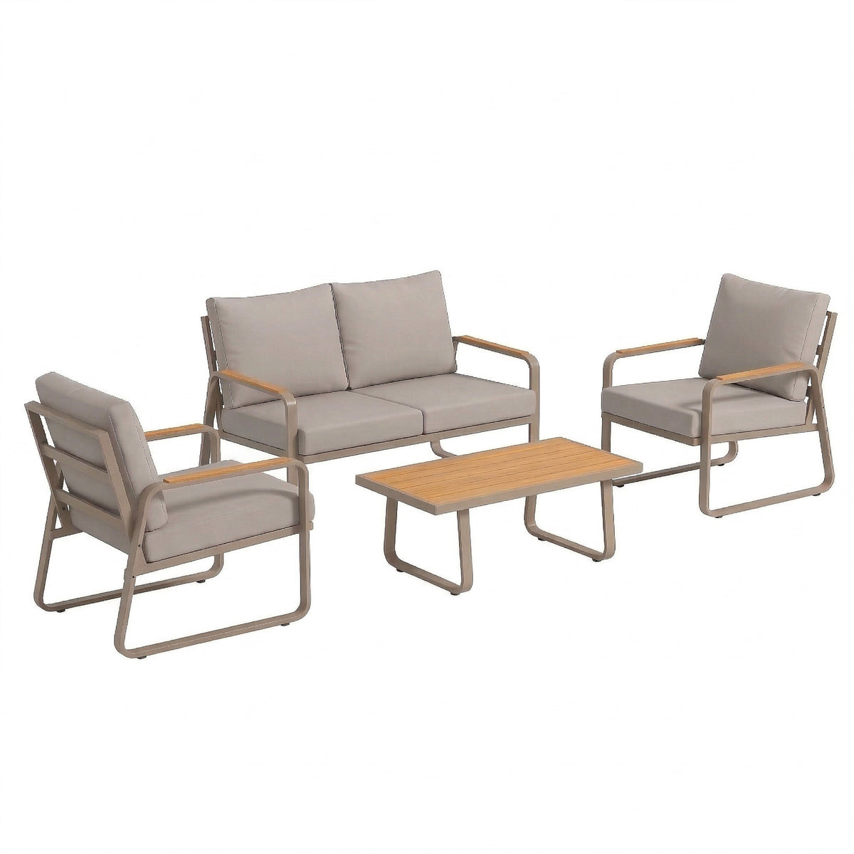 4-Piece Patio Set with Metal Frame and Cushions, Loveseat & 2 Chairs, Brown