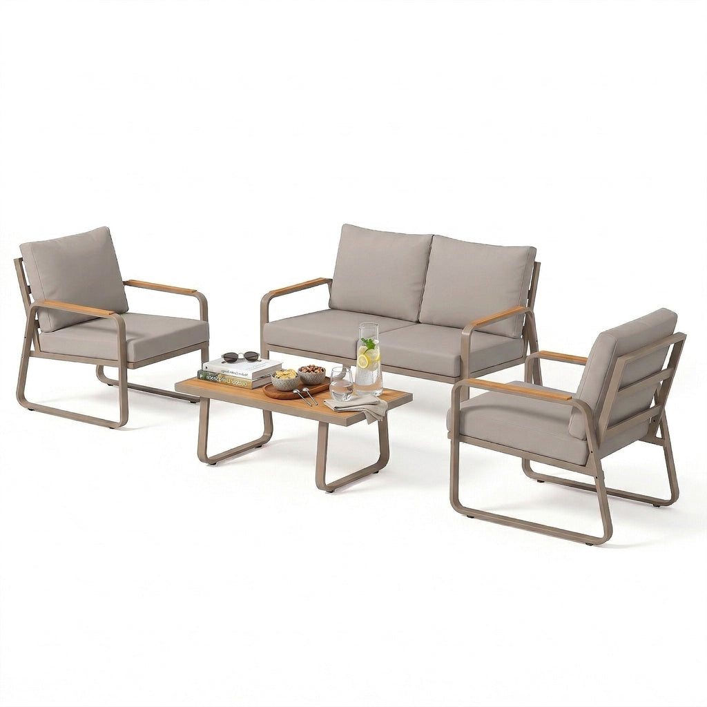 4-Piece Patio Set with Metal Frame and Cushions, Loveseat & 2 Chairs, Brown