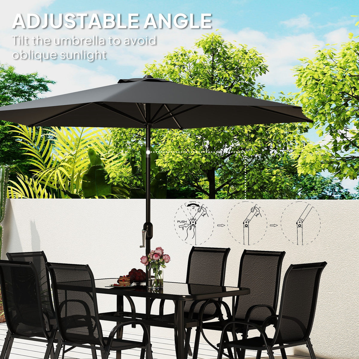 8-Piece Patio Dining Set with 9 Ft Umbrella, Black