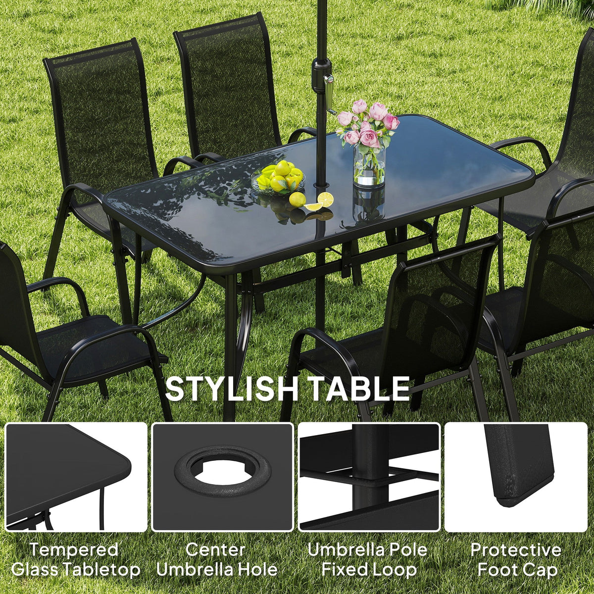 8-Piece Patio Dining Set with 9 Ft Umbrella, Black