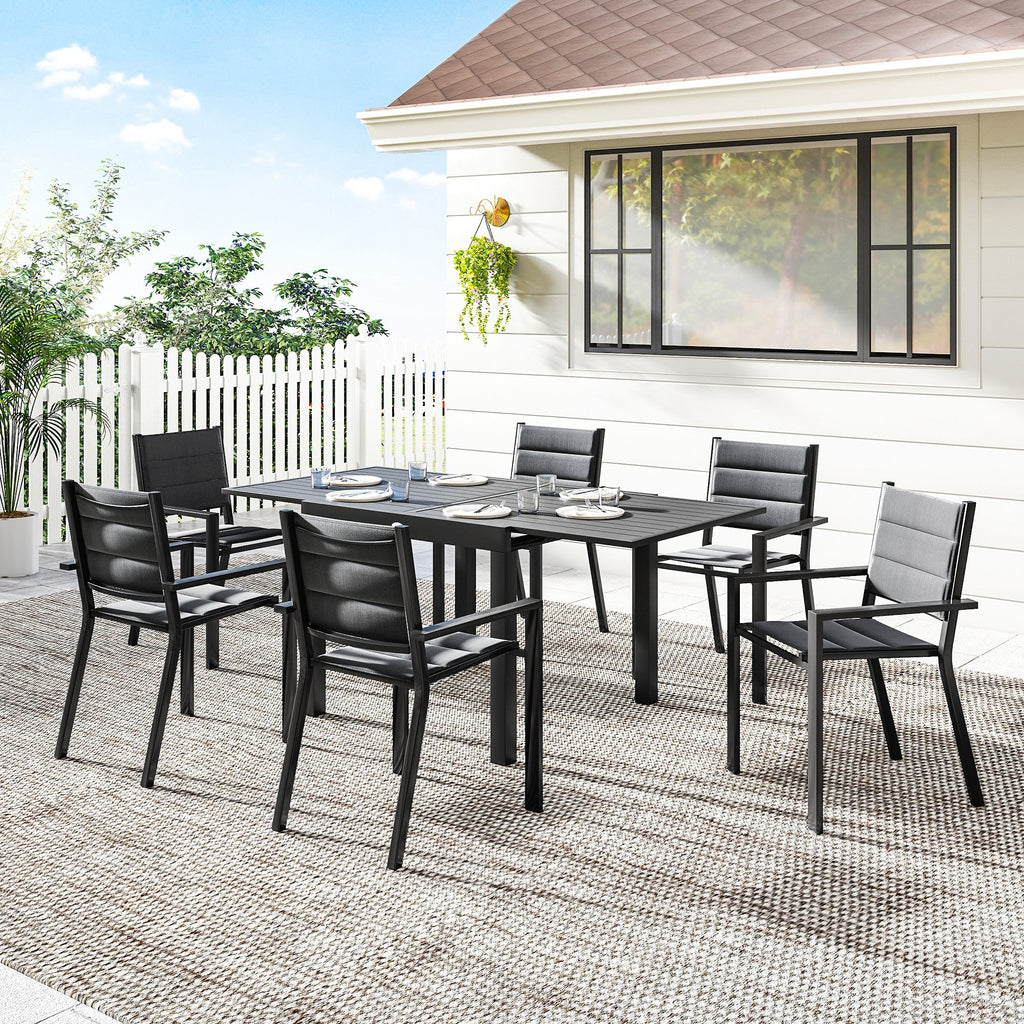 7pc Patio Dining Set with Expandable Table and Stackable Chairs, Black
