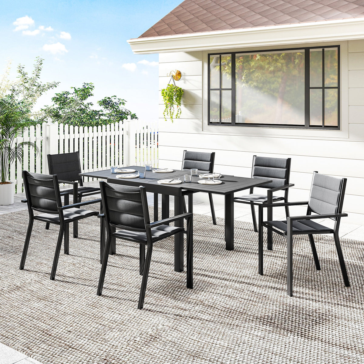 7pc Patio Dining Set with Expandable Table and Stackable Chairs, Black